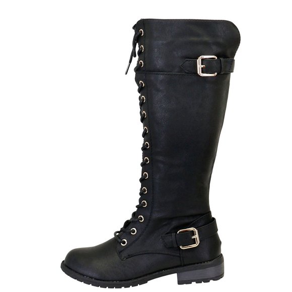 NEW Black Lace Up Military Combat Moto Boots Round Toe Knee High Low Block Heel - Picture 6 of 7